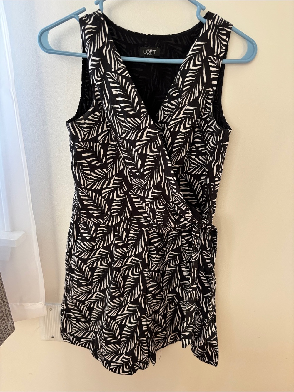 LOFT Black & White Leaf-Print Wrap Romper